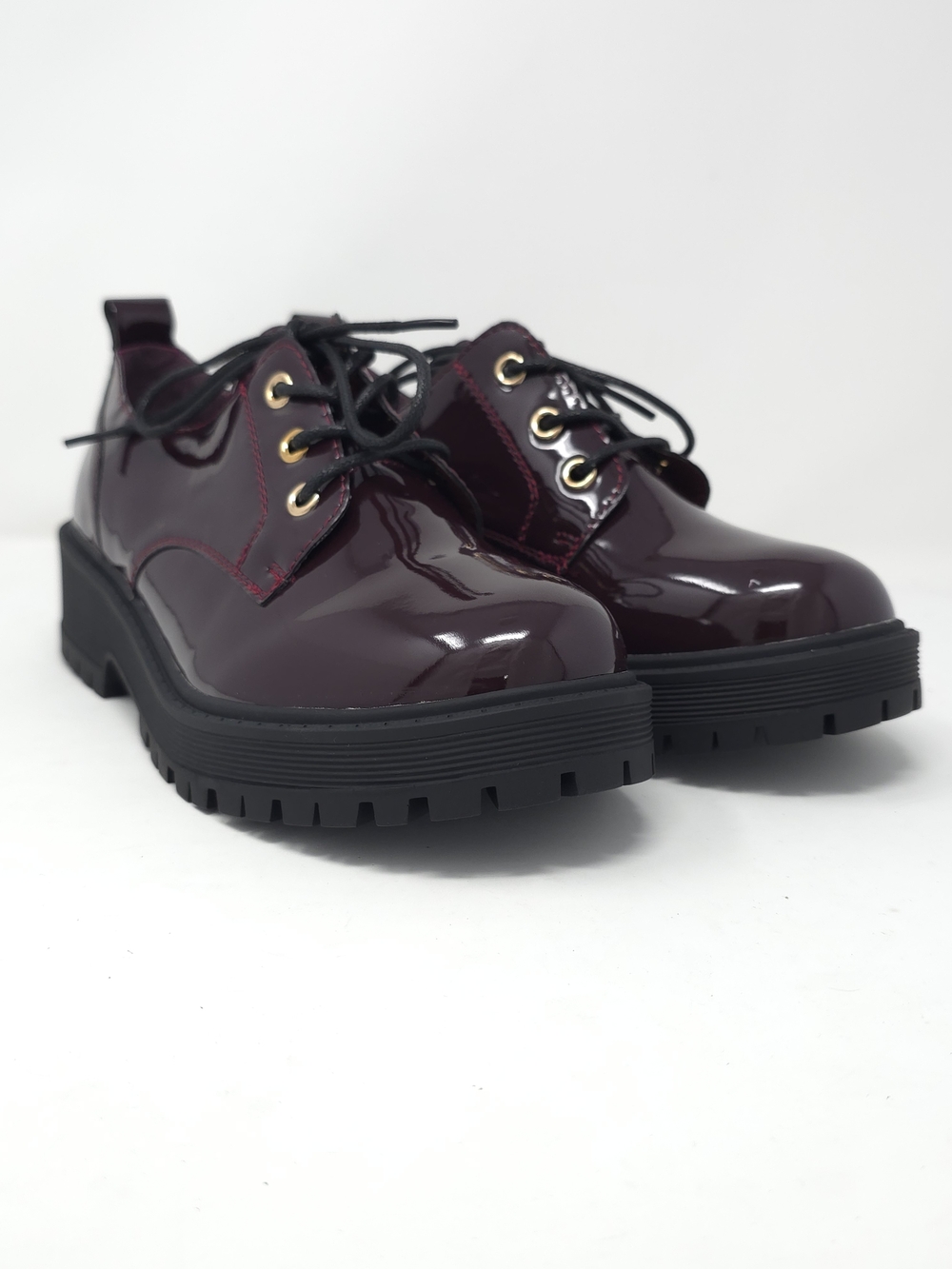 Chunky Platform Faux Leather Oxford Patent Wine Lug Sole Lace Up - Picture 2 of 11